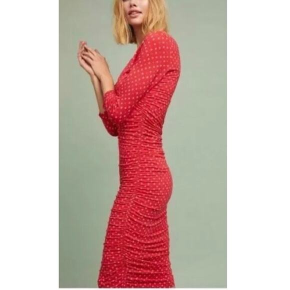 ANTHROPOLOGIE Red Midi Ruched Column Dress Size Small - Picture 3 of 7